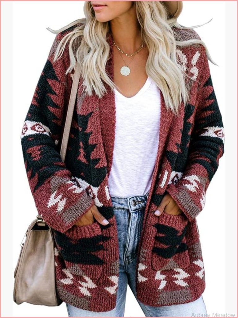 Boho Aztec Open Front Cardigan Long Sleeve Knitted Slouchy Jacket